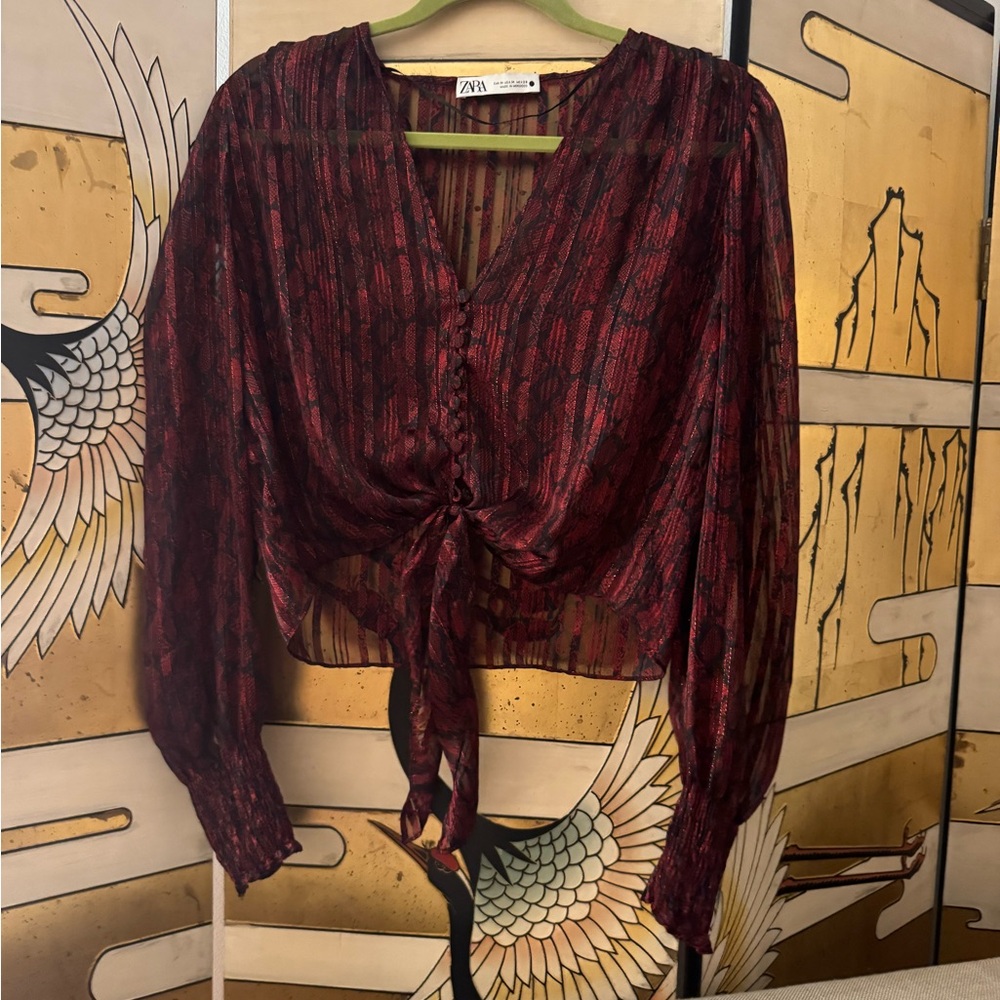 ZARA Red Metallic Tie-Front Blouse